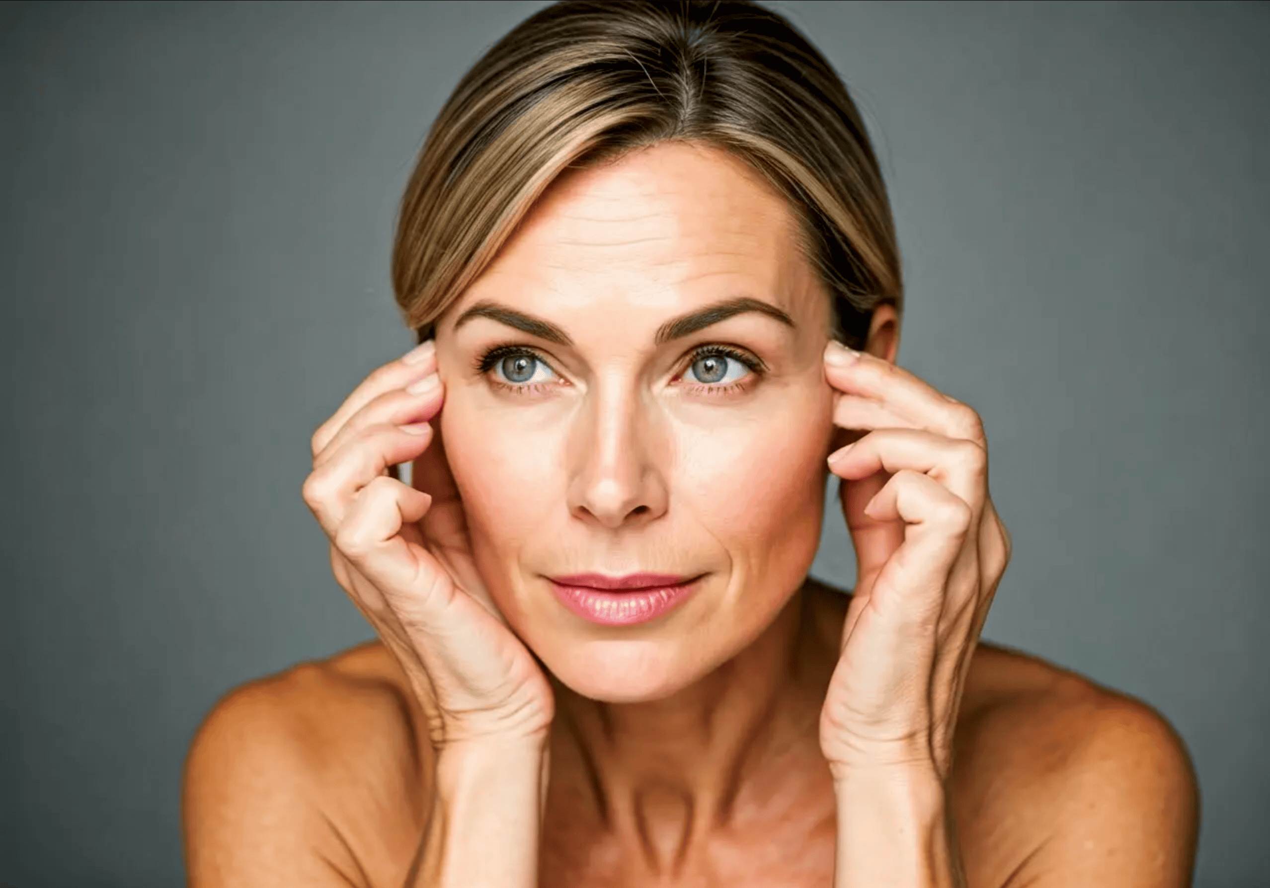A person with light skin and blonde hair is looking slightly to the side, touching their face gently with both hands. The background is plain and grey. The individual has a contemplative expression and appears to be in a calm, serene mood.