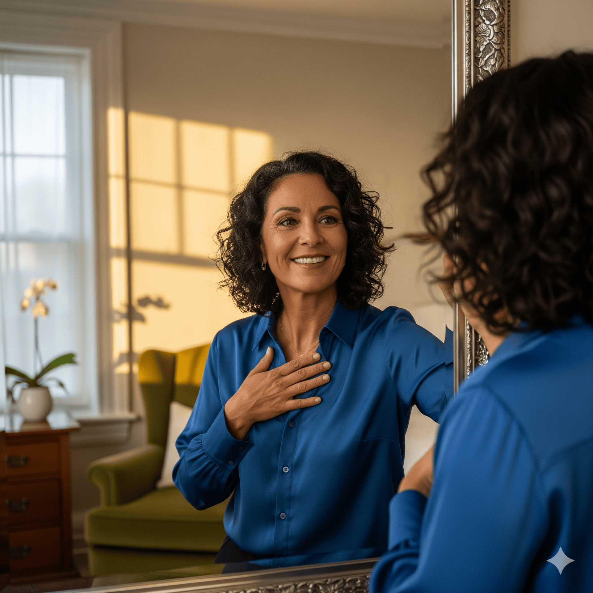 A woman with curly hair, wearing a blue blouse, stands in front of a mirror smiling and holding her hand to her chest. A sunlit room with a green chair and a potted orchid is reflected in the background. Image by Rya Eisma of Shamelessly Sexy Boudoir Photography, Las Vegas, NV